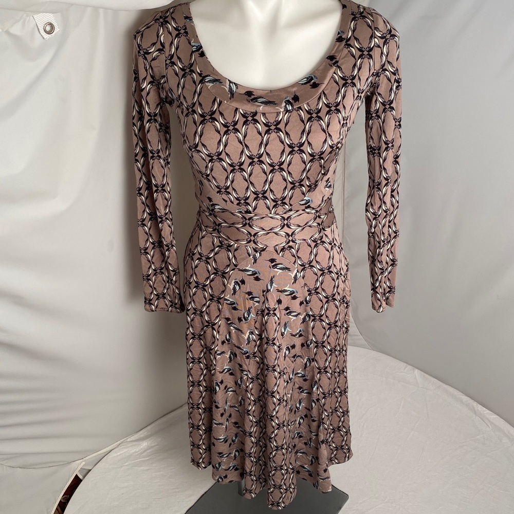 Issa London taupe geometric bird print silk fit and flare dress